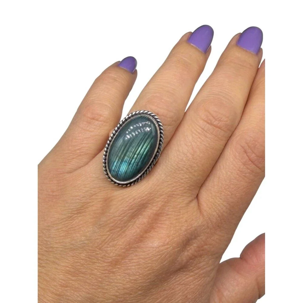 Labradorite Ring Size 7.5 925 Sterling Silver Overlay Oval Stone